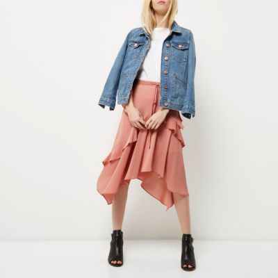 Pink frill front layered midi skirt